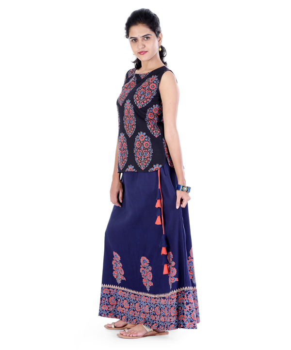 Khadi blue top with skirt - The Loom Story